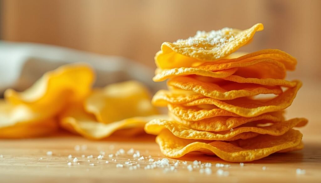 A close-up photograph of a stack of crisp, golden-brown potato chips arranged neatly on a smooth, wooden surface. The chips are sprinkled with a dusting of salt, creating a tantalizing contrast against the natural wood tones. The lighting is soft and diffused, casting a warm, inviting glow on the chips and highlighting their delicate texture. The depth of field is shallow, drawing the viewer's attention to the enticing, mouth-watering details of the free chips, while the blurred background suggests a cozy, comfortable setting. The overall mood is one of simplicity, indulgence, and the anticipation of a delightful gaming experience.