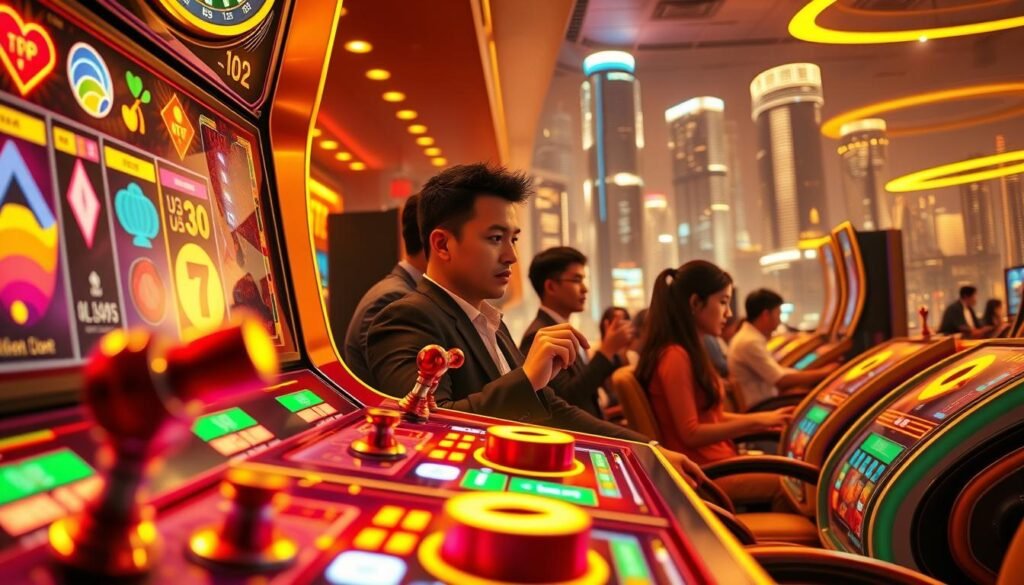 A detailed, high-resolution image of the "Konsep Permainan Gacor" concept. In the foreground, a vibrant and dynamic gaming interface with colorful icons, levers, and buttons, hinting at the engaging and rewarding gameplay. In the middle ground, a group of players immersed in the game, their expressions conveying a sense of excitement and anticipation. In the background, a sleek and modern cityscape, suggesting the urban and technological setting of the game. The scene is bathed in a warm, golden light, creating a sense of energy and prosperity. The overall composition and attention to detail should effectively communicate the captivating and lucrative nature of the "Konsep Permainan Gacor" concept. A detailed, high-resolution image of the "Konsep Permainan Gacor" concept. In the foreground, a vibrant and dynamic gaming interface with colorful icons, levers, and buttons, hinting at the engaging and rewarding gameplay. In the middle ground, a group of players immersed in the game, their expressions conveying a sense of excitement and anticipation. In the background, a sleek and modern cityscape, suggesting the urban and technological setting of the game. The scene is bathed in a warm, golden light, creating a sense of energy and prosperity. The overall composition and attention to detail should effectively communicate the captivating and lucrative nature of the "Konsep Permainan Gacor" concept.