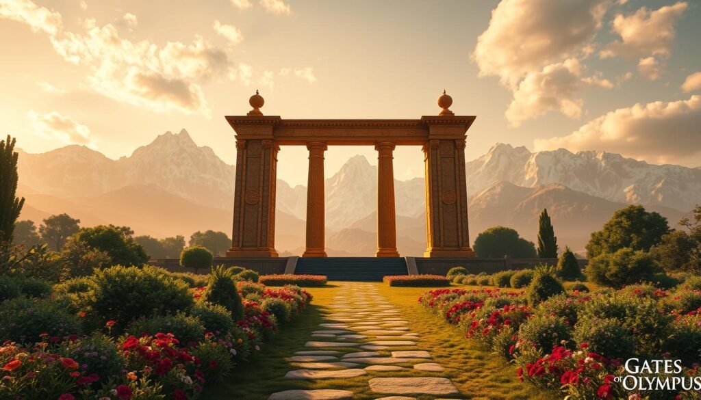 A grand, Olympian landscape with the majestic Gates of Olympus as the central focus. The iconic golden gates stand tall, their intricate designs and patterns glimmering in the warm, diffused sunlight. In the foreground, a lush, verdant garden with vibrant flowers and plants frames the gates, creating a sense of grandeur and natural beauty. The middle ground features a meandering path leading up to the gates, inviting the viewer to explore this mythical realm. In the background, towering snow-capped mountains rise majestically, their peaks reaching towards the heavens, creating a sense of awe and wonder. The overall mood is one of adventure, mysticism, and the promise of great rewards, perfectly capturing the essence of the "Gates of Olympus" game.