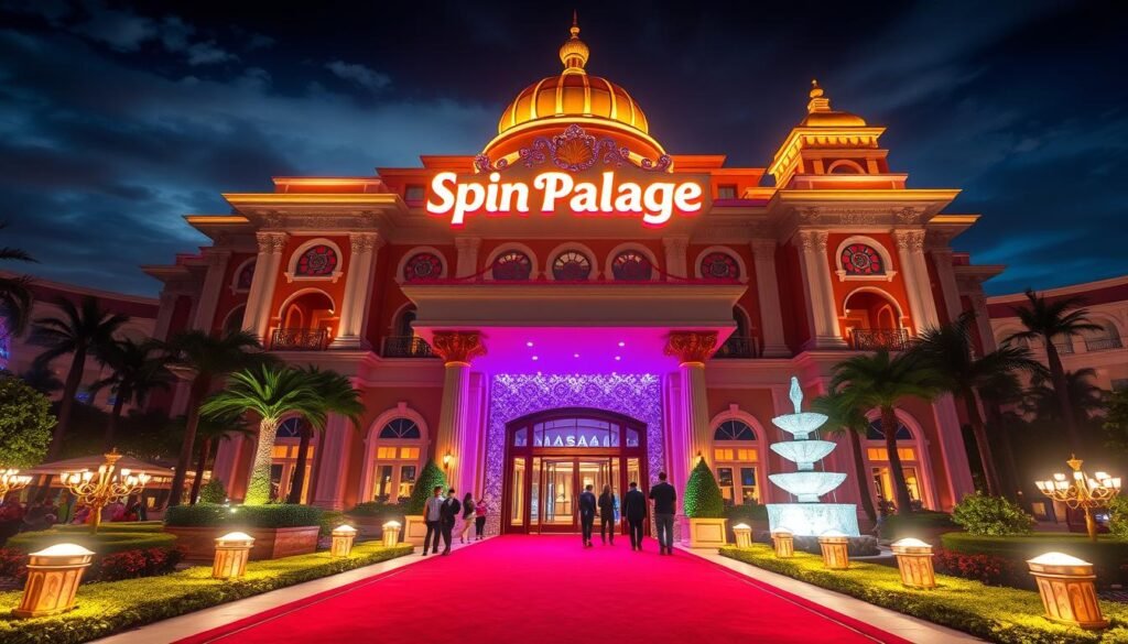 A grand and opulent casino facade, the "Spin Palace" marquee illuminated in neon against a night sky. The building's architecture combines classical European and modern Asian elements, with ornate columns, arched windows, and a gleaming golden dome. Luxurious landscaping surrounds the entrance, with lush greenery and a cascading fountain. The scene is bathed in a warm, inviting glow from strategically placed lighting, creating an atmosphere of wealth and elegance. Patrons stroll along the red carpet leading to the grand double doors, eager to enter the world of high-stakes gaming and lavish entertainment that awaits inside. A grand and opulent casino facade, the "Spin Palace" marquee illuminated in neon against a night sky. The building's architecture combines classical European and modern Asian elements, with ornate columns, arched windows, and a gleaming golden dome. Luxurious landscaping surrounds the entrance, with lush greenery and a cascading fountain. The scene is bathed in a warm, inviting glow from strategically placed lighting, creating an atmosphere of wealth and elegance. Patrons stroll along the red carpet leading to the grand double doors, eager to enter the world of high-stakes gaming and lavish entertainment that awaits inside.