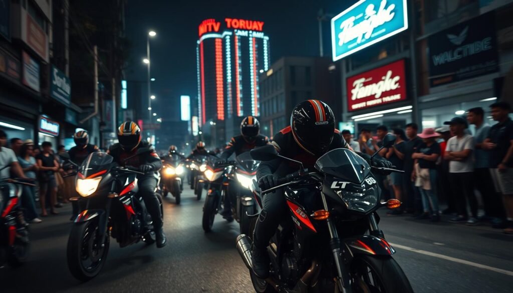A thrilling late-night scene of an illegal street race, known as "balap liar," unfolds under the glow of neon lights. In the foreground, sleek DLT88 motorcycles roar past, their engines rumbling with raw power. Spectators line the sidelines, eagerly awaiting the outcome of this high-stakes competition. The middle ground captures the intense focus of the riders, their faces shielded by helmets as they navigate the winding, dimly lit streets. In the background, the cityscape looms, its towering buildings casting long shadows, adding to the sense of danger and excitement. The lighting is dramatic, with sharp contrasts and deep shadows, evoking the illicit nature of this underground event.