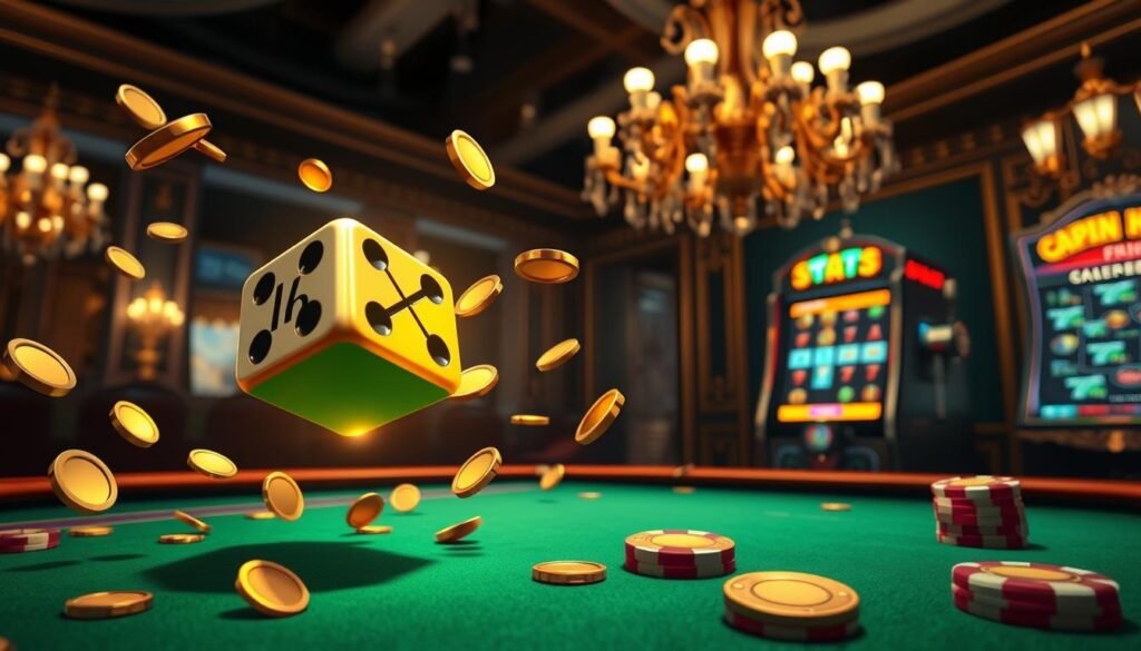 A vibrant and dynamic illustration showcasing the concept of "free spins" and "multiplier bonus" in a casino or gambling setting. In the foreground, a pair of casino dice, one displaying "15" and the other a glowing "x" symbol, float above a velvet-green gaming table. Surrounding the dice, golden coins and casino chips cascade in a captivating cascade, hinting at the potential rewards. In the middle ground, a stylized slot machine stands ready, its reels shimmering with anticipation. The background features a dimly lit, luxurious casino environment, with ornate chandeliers and gilded accents, creating a sense of elegance and excitement. The lighting is dramatic, casting deep shadows and highlighting the metallic and reflective elements, heightening the sense of anticipation and potential winnings.