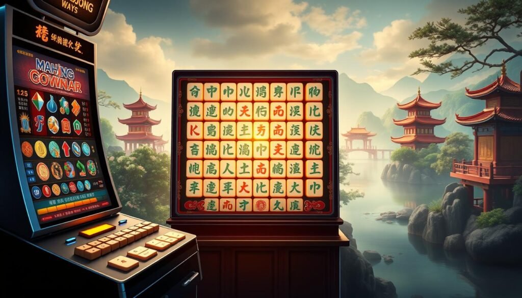 A visually stunning and meticulously detailed slot machine game interface showcasing the iconic Mahjong Ways theme. The foreground features a sleek, modern control panel with an array of colorful buttons and a large central display screen showcasing the game's symbols and paylines. The middle ground depicts the core gameplay grid, with the signature Mahjong tile designs arranged in a grid pattern, bathed in a warm, golden glow. The background reveals a serene, traditional Chinese landscape, complete with pagodas, lush foliage, and a tranquil river, all rendered in a painterly, soft-focus style to create a harmonious and immersive atmosphere. Dramatic lighting casts dramatic shadows and highlights, evoking a sense of depth and visual interest. The overall composition strikes a balance between the technological elements of the slot machine and the timeless cultural motifs of Mahjong, creating a captivating and visually striking representation of the "Mahjong Ways" gaming experience.
