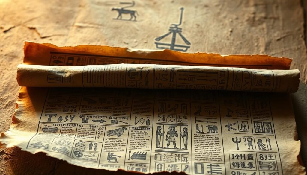 An ancient papyrus scroll unfurls, its surface adorned with intricate hieroglyphic inscriptions. The papyrus is weathered, its edges slightly frayed, hinting at the passage of time. The hieroglyphs, etched in rich, earthy tones, depict a captivating narrative, a glimpse into the enigmatic world of ancient Egypt. Soft, diffused lighting casts a warm glow, illuminating the delicate textures of the papyrus and the mysterious symbols that adorn its surface. The composition is balanced, with the papyrus occupying the central focus, surrounded by a subtle, atmospheric background that evokes the timeless ambiance of the ancient civilization. This image serves as a tantalizing introduction to the captivating world of the Book of the Dead, inviting the viewer to embark on a journey through the fascinating realms of ancient Egyptian history and mythology.