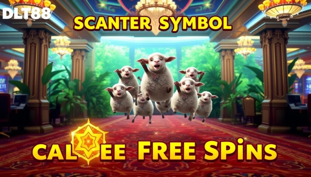An expansive, vibrant casino-themed scene showcasing the "Scatter Symbol Free Spins" feature of the DLT88 slot game. In the foreground, a stylized scatter symbol shines with a golden radiance, its geometric pattern sparkling against a lush, verdant backdrop. In the middle ground, a group of animated sheep leap joyfully, their wooly bodies adorned with metallic accents, symbolizing the "Domba Perkasa Scatter" mechanic. The background reveals a lavish casino interior, with ornate columns, chandeliers, and plush carpeting, all illuminated by a warm, inviting lighting scheme. The overall atmosphere evokes a sense of excitement and anticipation, perfectly capturing the thrilling online slot experience. An expansive, vibrant casino-themed scene showcasing the "Scatter Symbol Free Spins" feature of the DLT88 slot game. In the foreground, a stylized scatter symbol shines with a golden radiance, its geometric pattern sparkling against a lush, verdant backdrop. In the middle ground, a group of animated sheep leap joyfully, their wooly bodies adorned with metallic accents, symbolizing the "Domba Perkasa Scatter" mechanic. The background reveals a lavish casino interior, with ornate columns, chandeliers, and plush carpeting, all illuminated by a warm, inviting lighting scheme. The overall atmosphere evokes a sense of excitement and anticipation, perfectly capturing the thrilling online slot experience.