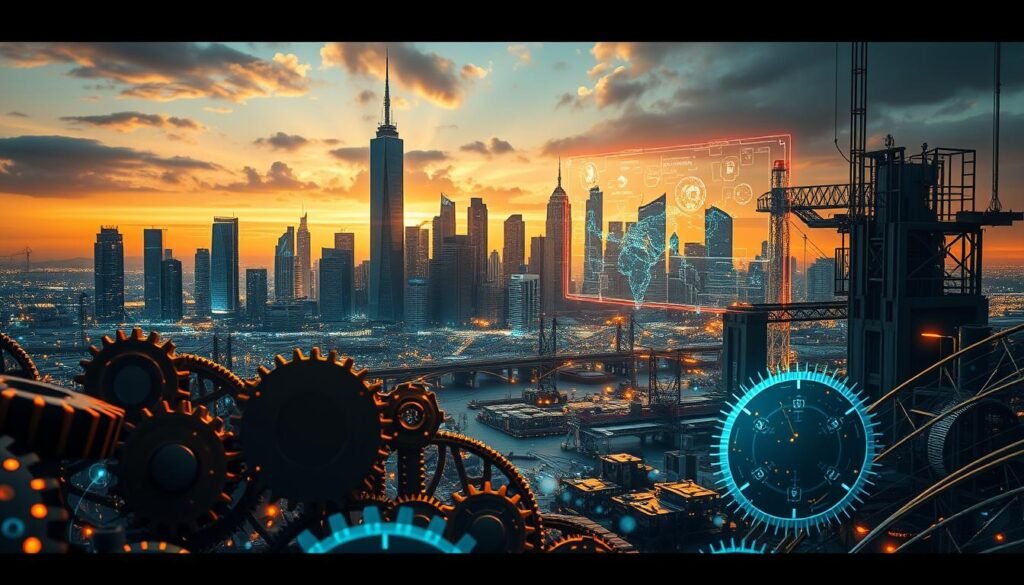 Detailed scene of the Fourth Industrial Revolution: in the foreground, a network of interconnected gears, cogs, and circuits symbolizing the integration of digital and physical systems; in the middle ground, a cityscape with towering skyscrapers and sleek, futuristic architecture; in the background, a glowing, holographic display showcasing emerging technologies like artificial intelligence, robotics, and the Internet of Things. The lighting is a combination of warm, amber tones and cool, neon-like hues, creating a dynamic, futuristic atmosphere. The camera angle is slightly elevated, providing a panoramic view of this technologically advanced landscape. Detailed scene of the Fourth Industrial Revolution: in the foreground, a network of interconnected gears, cogs, and circuits symbolizing the integration of digital and physical systems; in the middle ground, a cityscape with towering skyscrapers and sleek, futuristic architecture; in the background, a glowing, holographic display showcasing emerging technologies like artificial intelligence, robotics, and the Internet of Things. The lighting is a combination of warm, amber tones and cool, neon-like hues, creating a dynamic, futuristic atmosphere. The camera angle is slightly elevated, providing a panoramic view of this technologically advanced landscape.